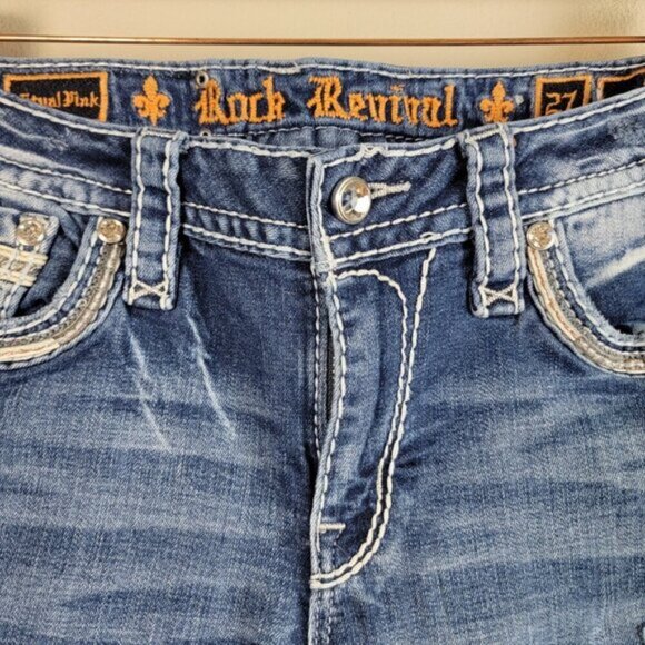 Rock Revival Vitual Pink Mid Rise Straight Patch Distressed Medium Wash Jeans 27 - Picture 3 of 16